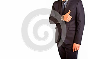 Business man gives thumbs up isolated