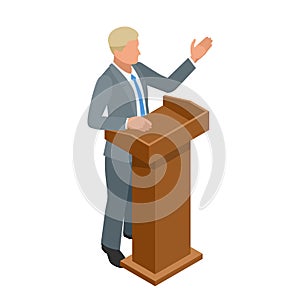 Business man giving a presentation in a conference or meeting setting. Orator speaking from tribune vector illustration.