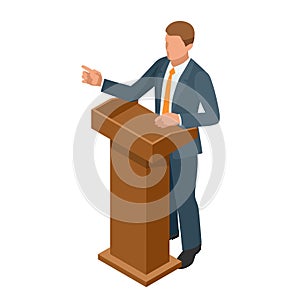 Business man giving a presentation in a conference or meeting setting. Orator speaking from tribune vector illustration.