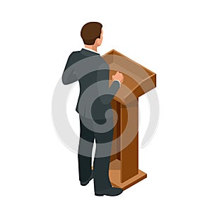 Business man giving a presentation in a conference or meeting setting. Orator speaking from tribune vector illustration.