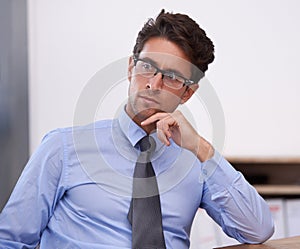 Business man, glasses and vision or thinking future of company with inspiration and insight in career. Entrepreneur