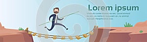 Business Man Go Dangerous Mountain Road Rope Bridge Risk Concept