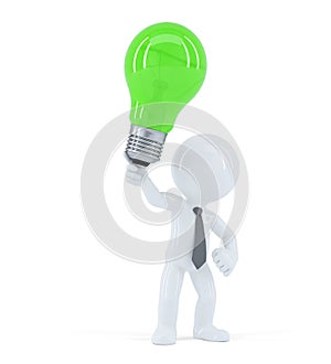 Business man with green light bulb. Concept of creative business idea