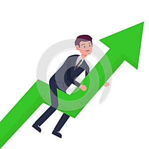 Business man grow up with green arrow.Growth and success business concept