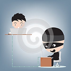 Business man hacked data by hacker, internet crime concept, illustration vector in flat design