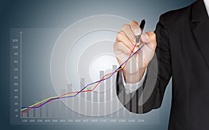 Business man hand drawing a growing graph