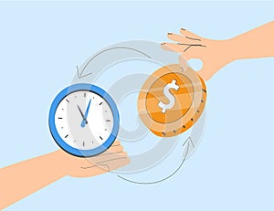 Business man hand exchanging time and money to each other. Abstract background. Vector illustration.