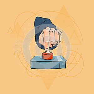 Business Man Hand Finger Press Red Button Over Triangle Geometric Background