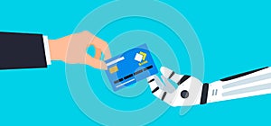 Business man hand gives  a credit card to robot vector