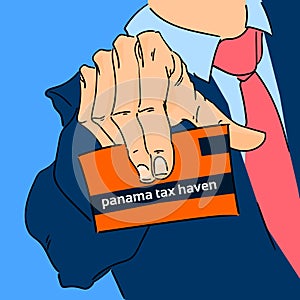 Business Man Hand Hold Card Panama Papers Offshore