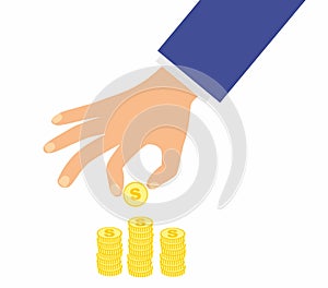 Business man hand hold gold coin and stacks with coins on white background vector illustration in flat design.