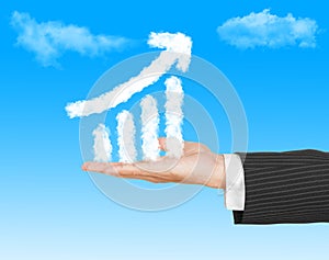 Business man hand holding a growth graph ( made by cloud ) in th