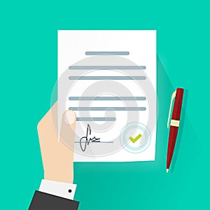 Business man hand holding legal contract document agreement signature vector