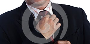 Business man Hand holding tie, white background,