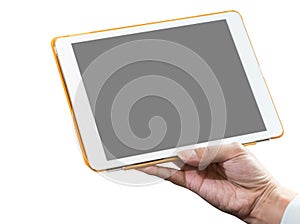 Business man hand holding a white tablet blank screen.