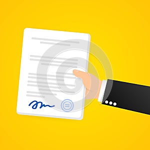 Business man hand holds contract vector illustration. Signed contractual document  legal document symbol with stamp. Vector on