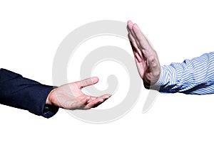 Business man hand open and ready to receive or help.man hand holding something empty isolated on white background.