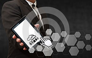 Business man hand shows 3d pixel cloud network