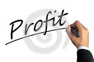 Business man hand writing word profit with black color marker pen isolated on white background. profit from success business