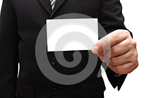 Business man handing a blank business card