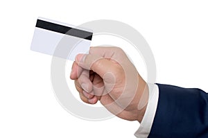 Business man handing a blank business card