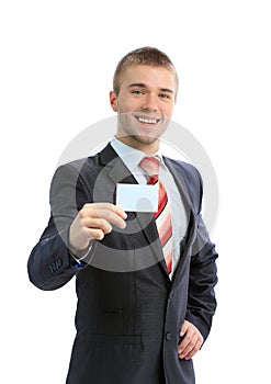 Business man handing a blank business card