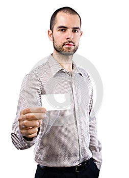 Business man handing a blank business card