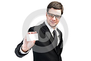 Business man handing a blank business card