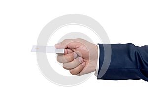 Business man handing a blank business card