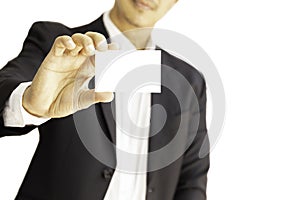 Business man handing blank business card isolated in clipping path.