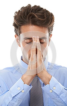 Business man, hands for praying and frustrated, serious crisis at law firm with fear for disaster on white background