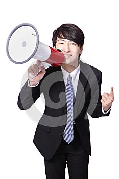 Business man happy shouting megaphone
