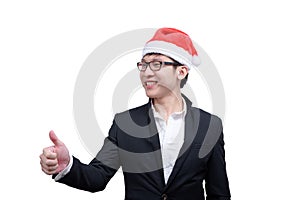 Business man has thumb show with Christmas festival themes isolated on white background.