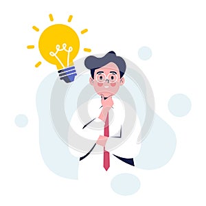 Business man having creative idea. Business man standing with idea light bulb above his head