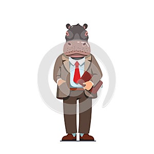 Business man with hippo head standing with folder