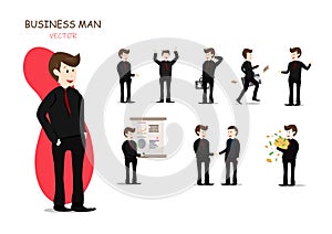 Business man and his works, presentation, vector characters working, cartoon collection