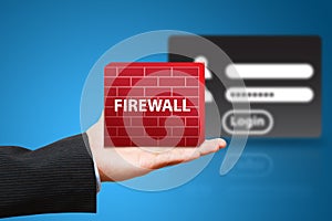 Business man hold firewall to protect login user