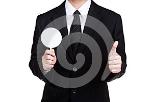 Business man hold label in isolated