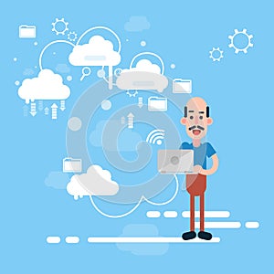 Business Man Hold Laptop Share Data Cloud Computing Technology