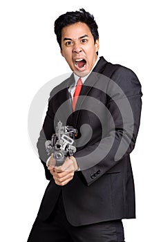 Business man hold Machine gun shoot isolated