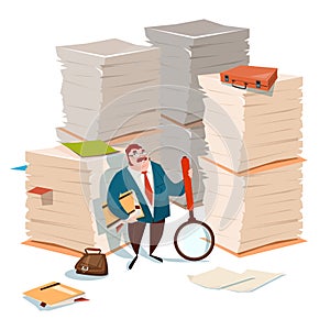 Business Man Hold Magnifying Glass Stacked Paper Document Paperwork Search