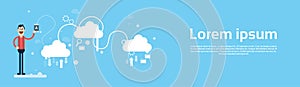Business Man Hold Tablet Share Data Cloud Computing Technology Banner