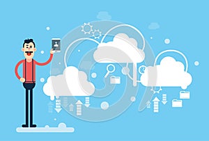 Business Man Hold Tablet Share Data Cloud Computing Technology