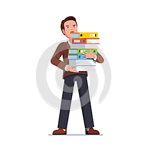 Business man holding big document folders stack