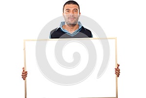 Business man holding blank banner