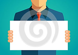 Business man holding a blank banner. Vector illustration