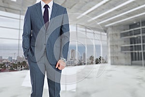 business man is holding on with a hand in the pockets against room background