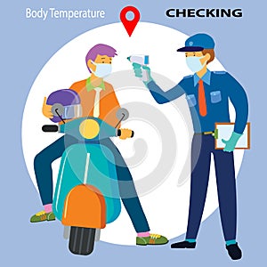 Business man holding helmet on motor bike at check point