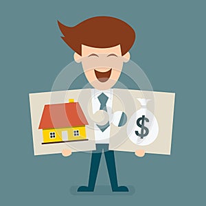 Business man holding jigsaw of house and money