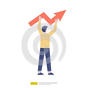 Business man holding and lifted arrow representing the growth in business. success and idea creation concept vector illustration